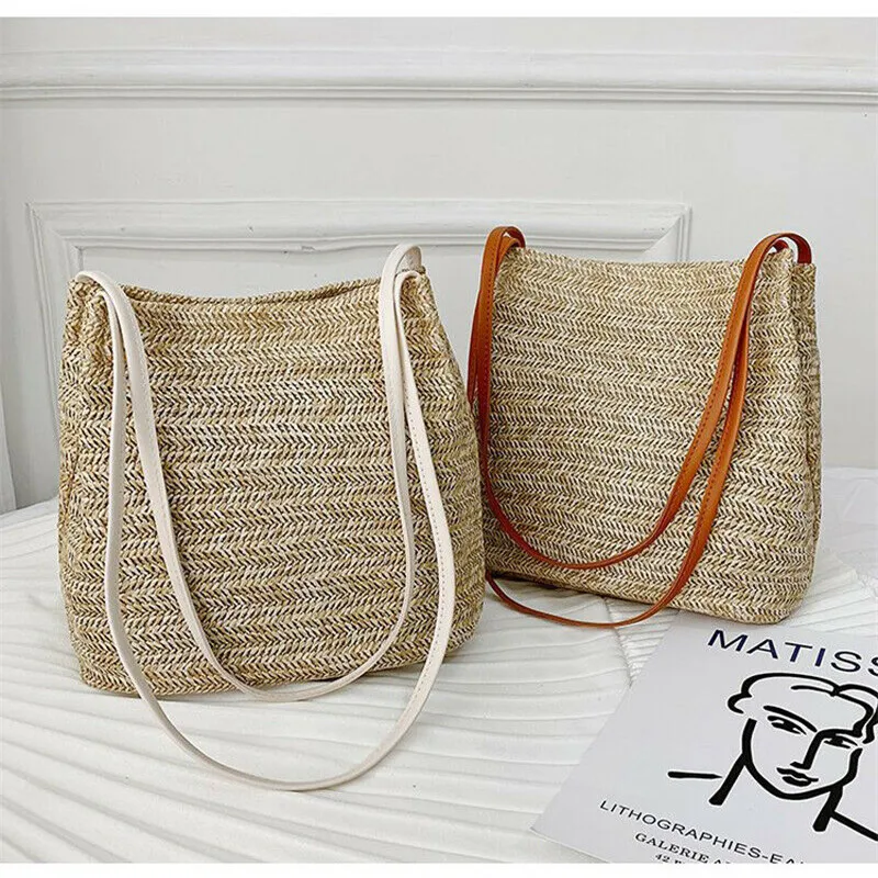

Women Crossbody Shoulder Bags Casual Knitted Rattan Straw Bags Lady Girl Summer Satchel Handbag Bucket Bag Beach Style Handbags