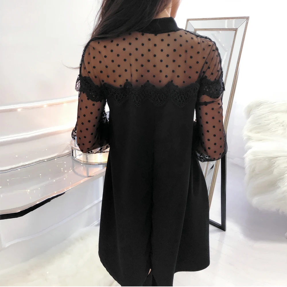 

Elegant Women Black Dress Polka Dot Transparent Long Sleeve Loose Mini Dress