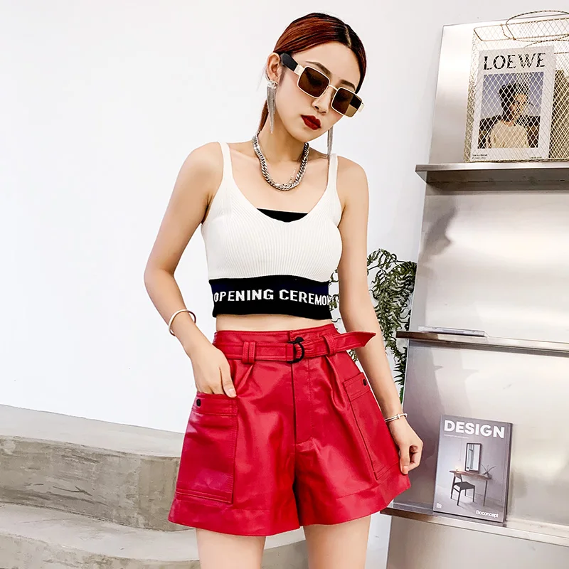 2021 Fashion Autumn Winter Genuine Leather Wide-leg Pants Women Short High Waist Sheepskin Trousers Pantalones De Mujer Gxy1167