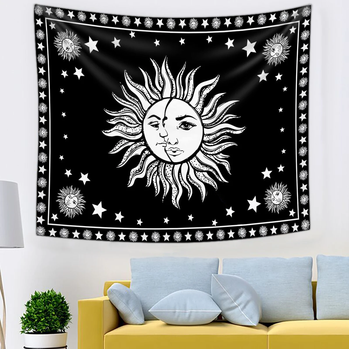 

Psychedelic Sun Moon Tapestry Wall Hanging White Black Tarot Astrology Witchcraft Mandala Art Celestial Tapestry Room Wall Decor