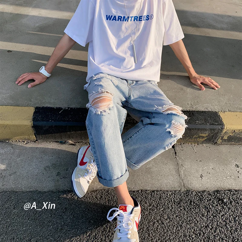 

Ripped Hole Washed Jean Pants High Street Straight Frayed Jeans for Men Casual Denim Harajuku Baggy Oversize Trousers