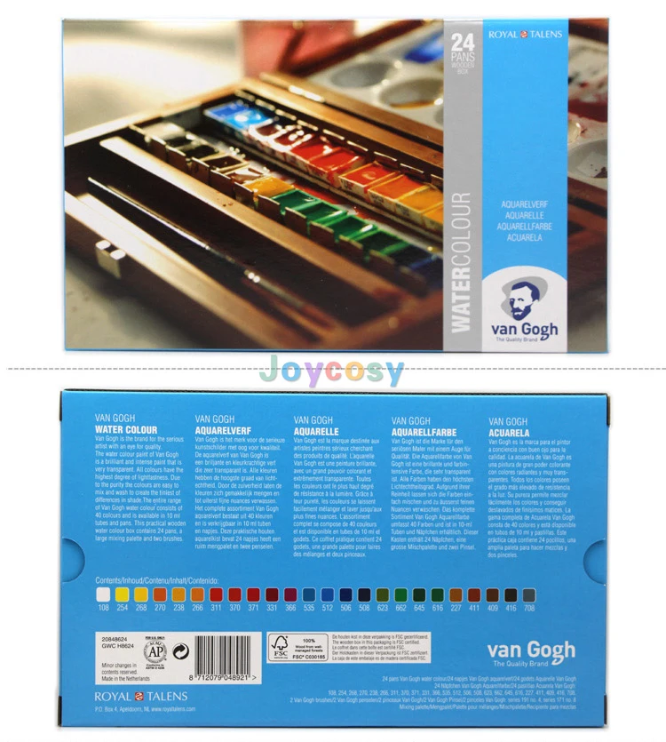 Van Gogh Artist Watercolor Paint Set Deluxe Wood Box 24-Half Pan 3 Accessories Include Mixing Palette and 2 Brushes |