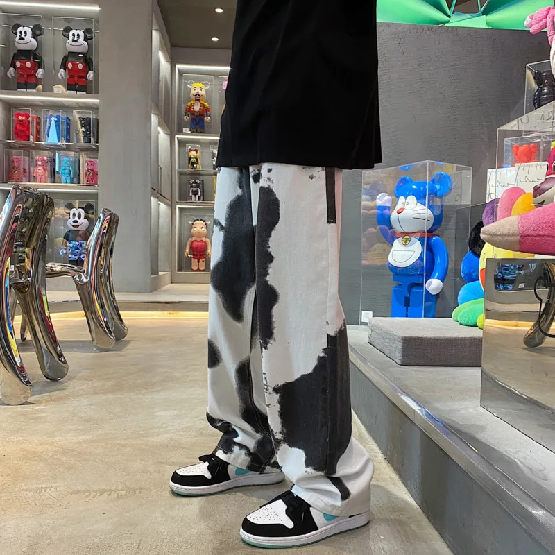 Осенние мужские джинсы Tie-dye модные повседневные мешковатые прямые с принтом