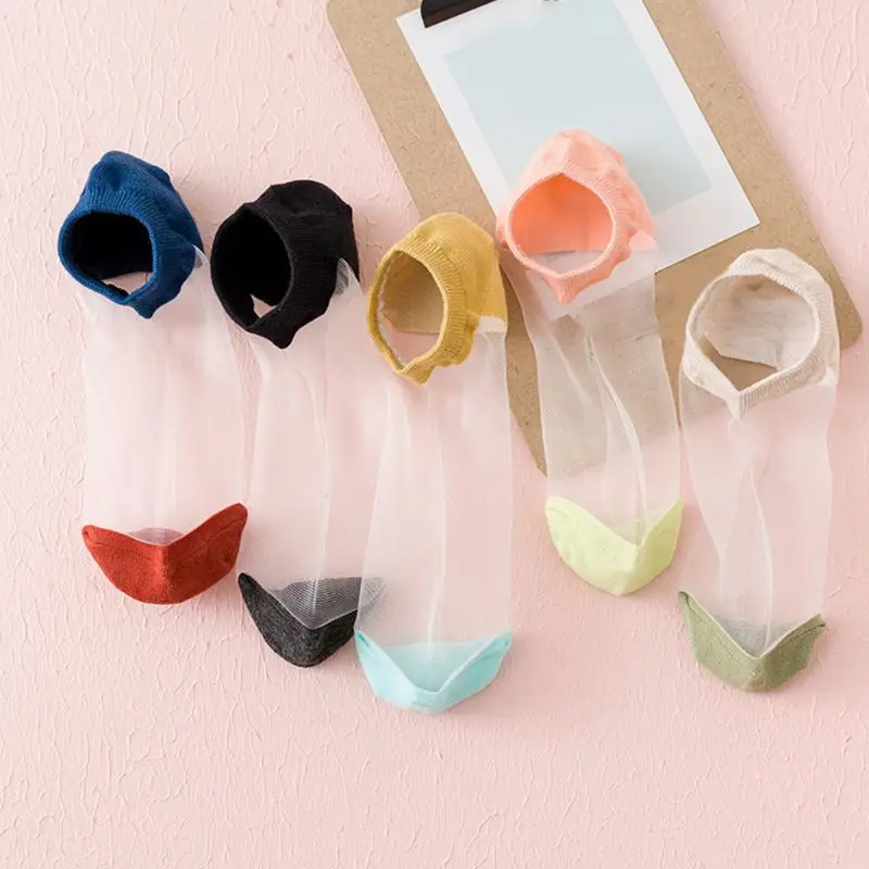 

2020 Women Sheer Glass Fiber Boat Socks Candy Color Block Non-Slip Invisible Hosiery