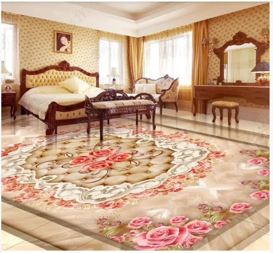 

Custom Self-adhesive waterproof Flooring wallpaper Wall Stickers Hd marble parquet rose flower 3D floor painting wall papers