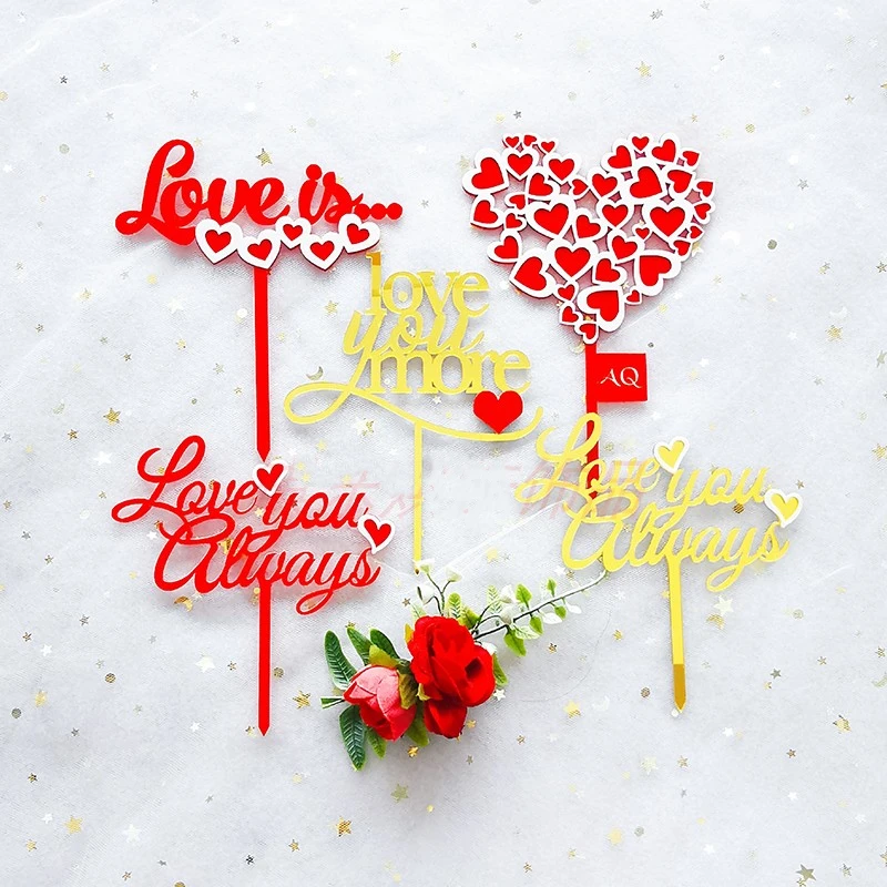 

Ins Love You More Golden Acrylic Cake Topper Love Shape Red Cake Topper For Valentine's day Wedding Party Cake Decorations