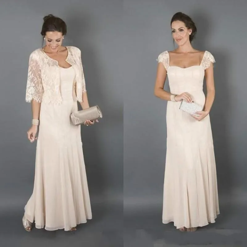 Шифоновые платья для матери невесты цвета шампанского с кружевной курткой