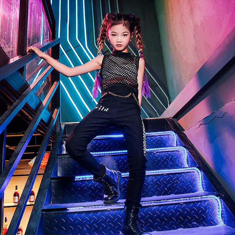 

Kids Jazz Dance Costumes Black Mesh Tops Long Pants Children Modern Street Dance Practice Suit Girls Hip Hop Clothing DQL5307