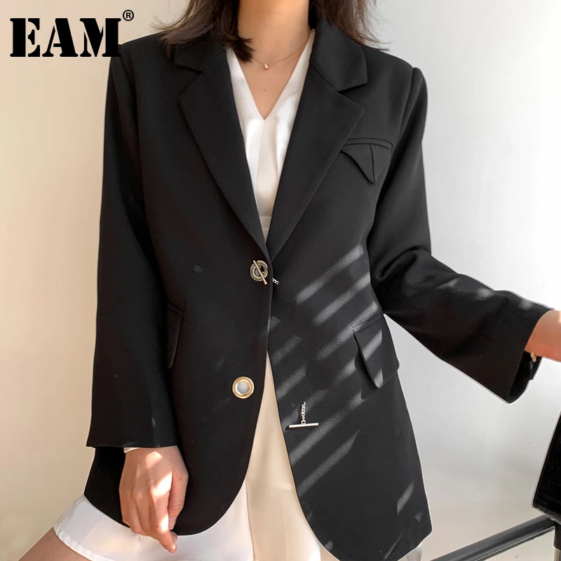 

[EAM] Women Black Big Size Thin Single Breasted Blazer New Lapel Long Sleeve Loose Jacket Fashion Spring Autumn 2021 1DD5753