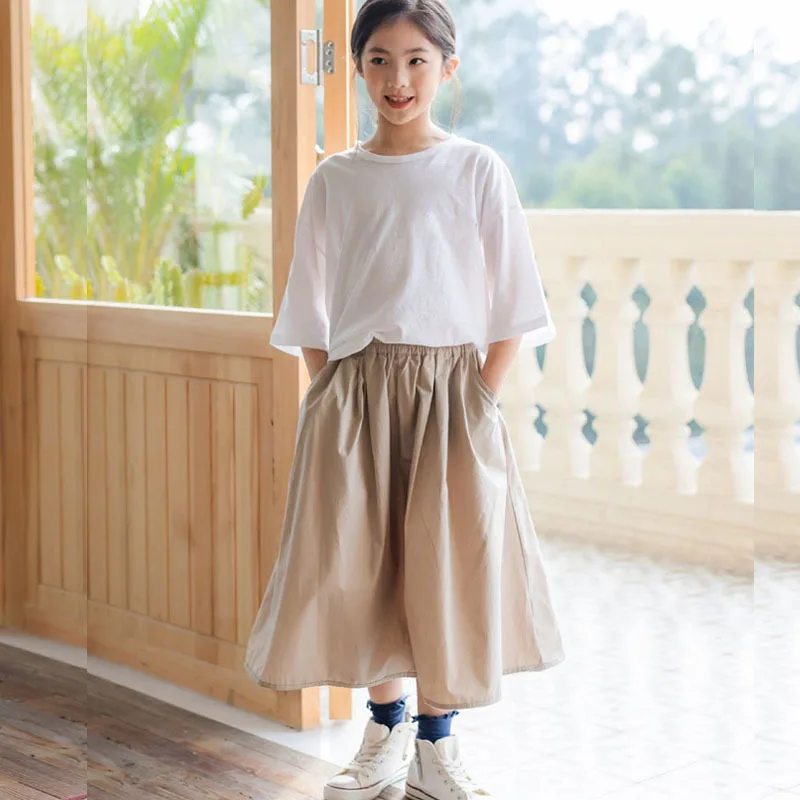 

5 To 20 Years Kids Girl Long Skirt Teenage Clothing Summer 2021 Casual Elastic Waist A-Line Skirts Children Spring Autumn