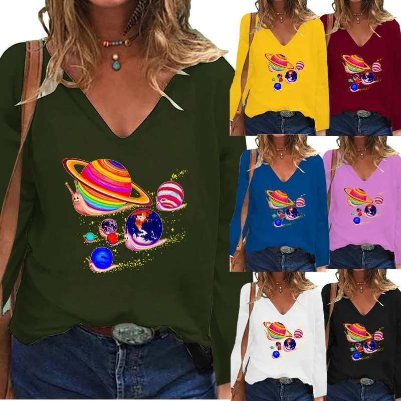 

2021 New Autumn and Winter Solid Color Fashion Printing Long Sleeve V-neck Pullover Plus Size Loose Casual T-shirt