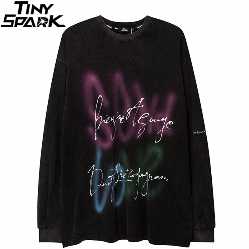 

Хип-хоп Уличный сверхразмерный Футболка мужская граффити с буквенным принтом 2021 Осенняя футболка с длинным рукавом Harajuku хлопок