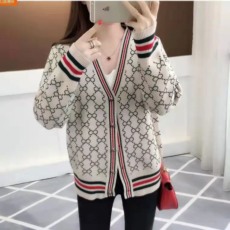 

Women's Sweater Cardigan Spring Autumn New Sweater Coat Korean Loose Student V-neck Plaid Sweaters Female Sueter Winter Clothes
