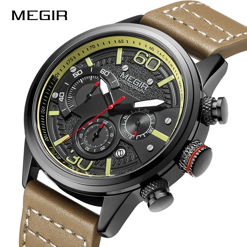 

New MEGIR Big Dial Men’s Chronograph Sports Watches Leather Band Military Quartz Watch Men Clock Relogio Masculino Reloj Hombre