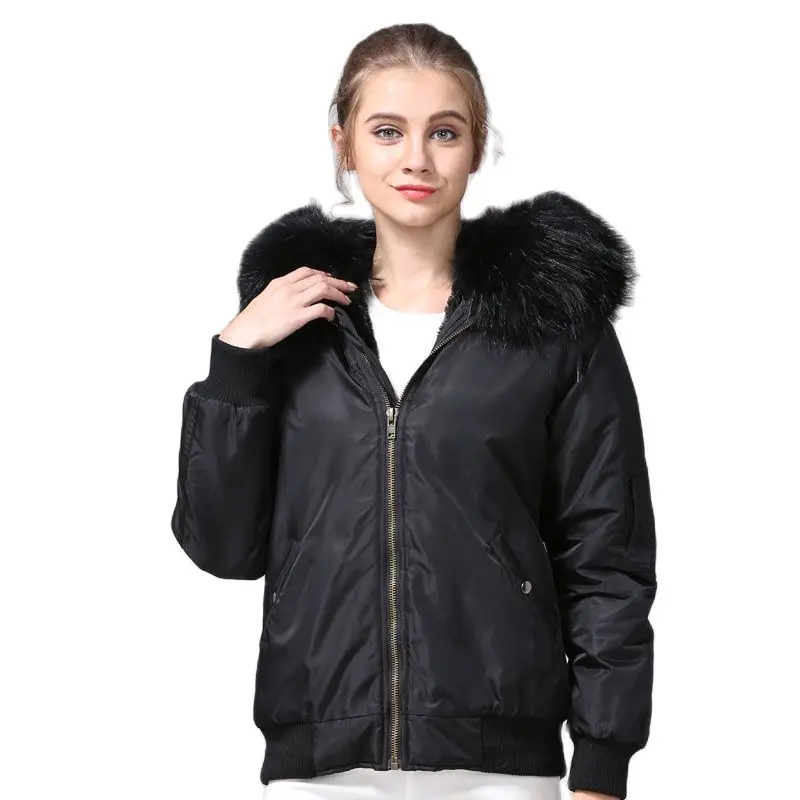 Black Bomber Jacket With Faux Fur Lined Raccoon Hoodies Mrs Flight Short | Женская одежда