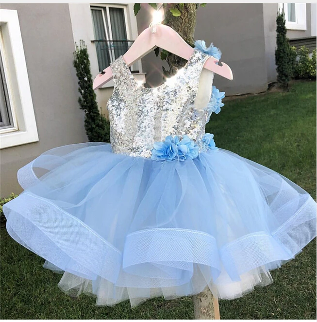

2020 Princess Sweet 3-8Y Toddler Baby Girls Party Dress Sequined Blue Lace Patchwork Flowers Sleeveless Tutu Tulle Dress