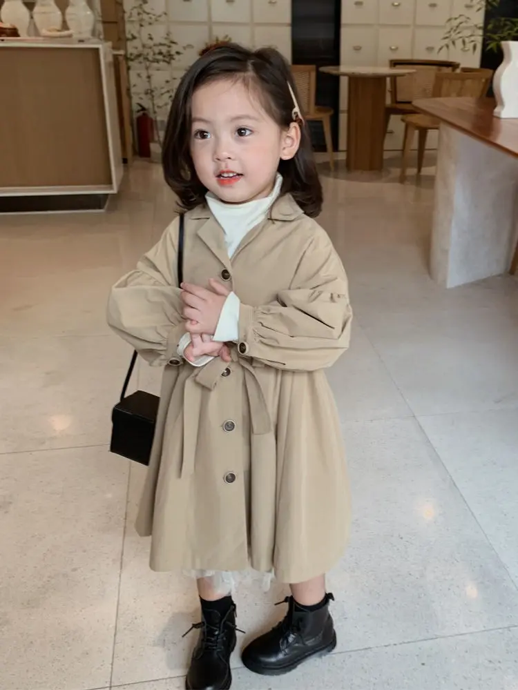 

2-8Y Girls Windbreaker Jacket Spring and Autumn Clothes British Style Long Coat Children Baby Korean Casual Long Coat