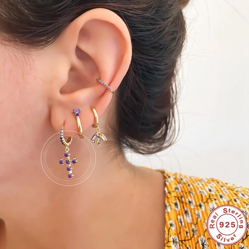 

Korea 925 Sterling Silver Cross Hoop Earrings for Women Piercing Earring Charm Colorful Zircon Female Earring Jewelry pendientes