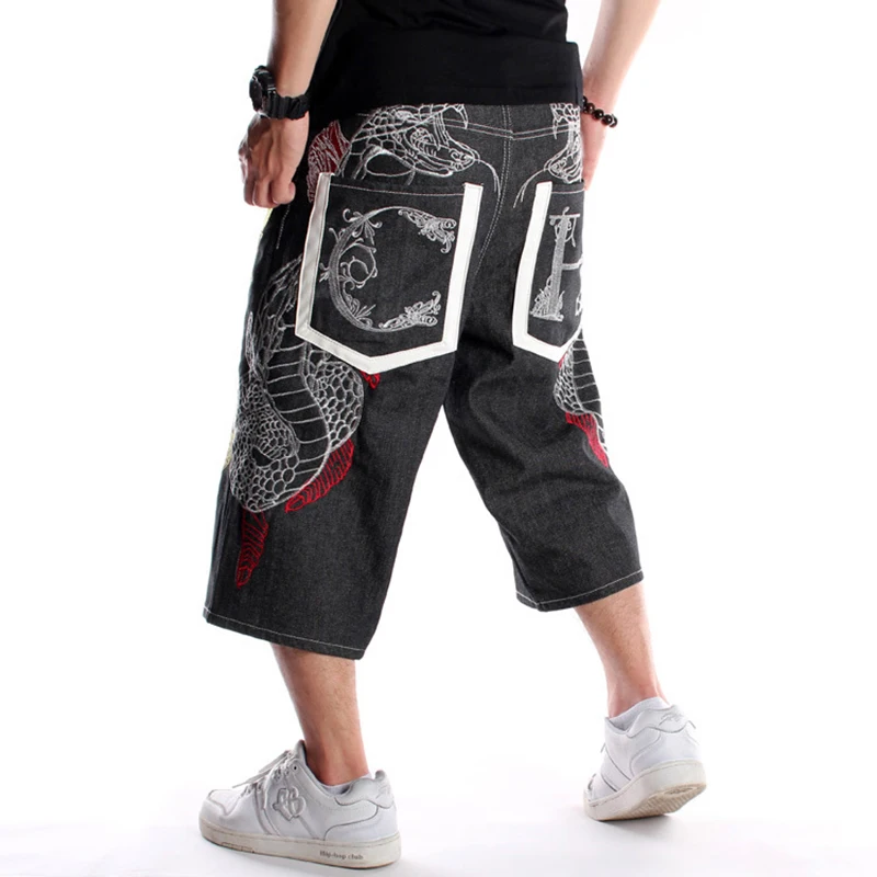 

Summer Loose Wide Leg Men Short Jeans Hip-Hop Male Skateboard Swag Baggy Capri Pants Black Denim Shorts Big Size 30-46