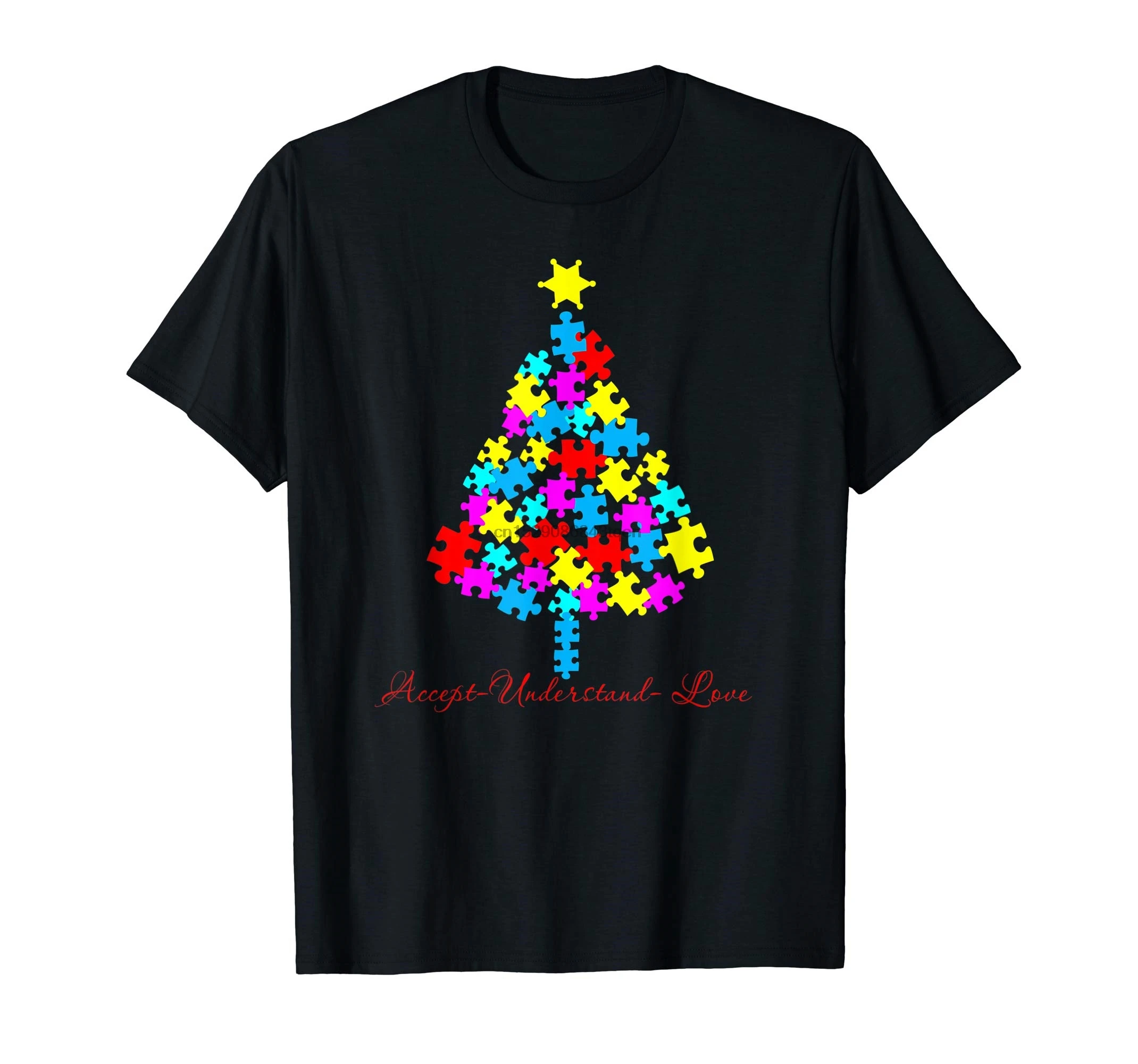Merry xmas christmas autism puzzle tree men s wo gift Футболка-мужская Футболка-черный |