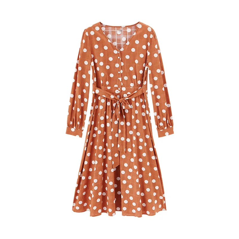 Винтажное платье с V-образным вырезом длинными рукавами и бантом для похудения