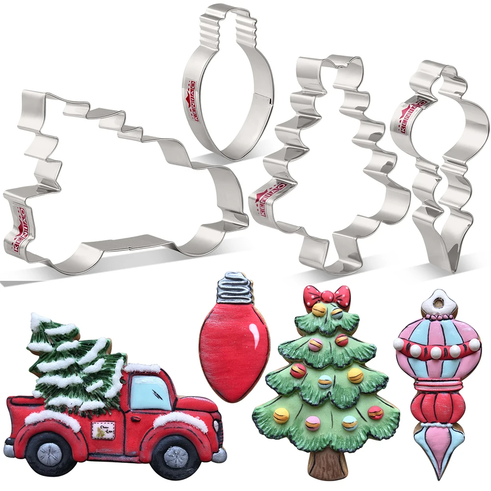 KENIAO Christmas Cookie Cutter Set - 4 PC - Truck with Christmas Tree, Light Bulb Biscuit Fondant Bread Molds - Stainless Steel