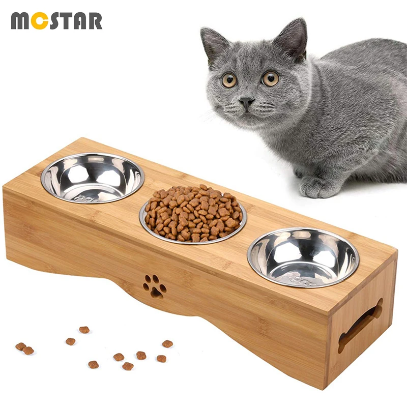 

MC Star Cat Dog Stainless Steel Three Bowls For Pet Bamboo Wood Pet Feeding Bowl Rack Anti-overturn Puppy Kitten Drinking Holder