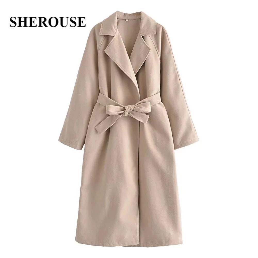

Sherouse Women Fashion Oversized Long Coat with Belt Lapel Collar Side Pockets Long Sleeves Chic Lady Woman Warm Outwear Winter