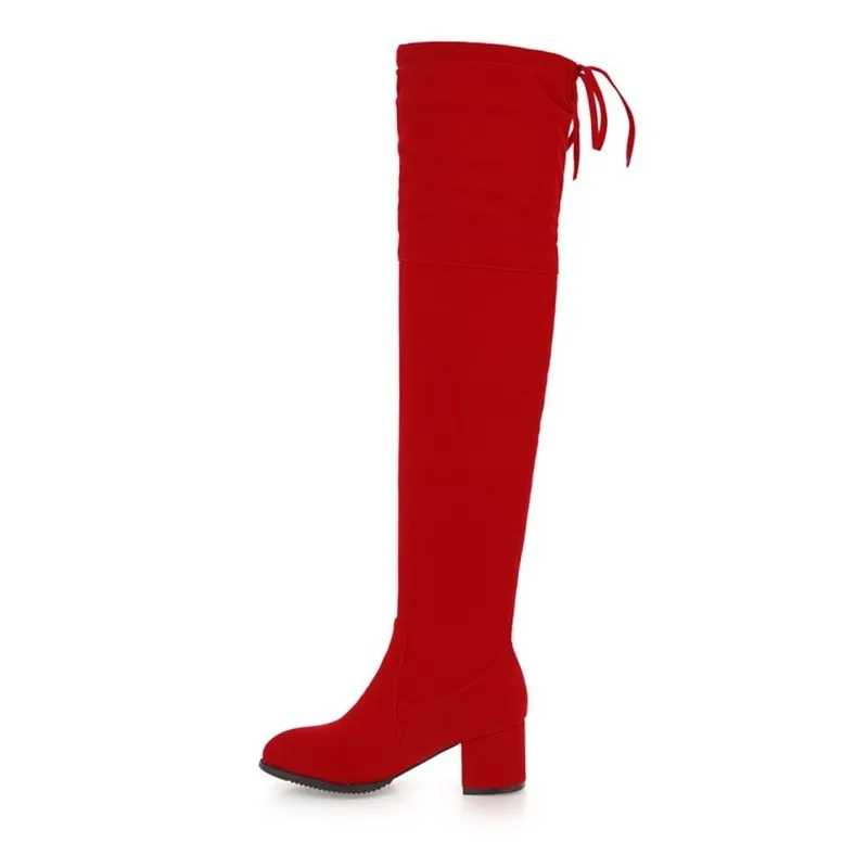 Женские сапоги до бедра осенне-зимние эластичные из флока выше колена с круглым