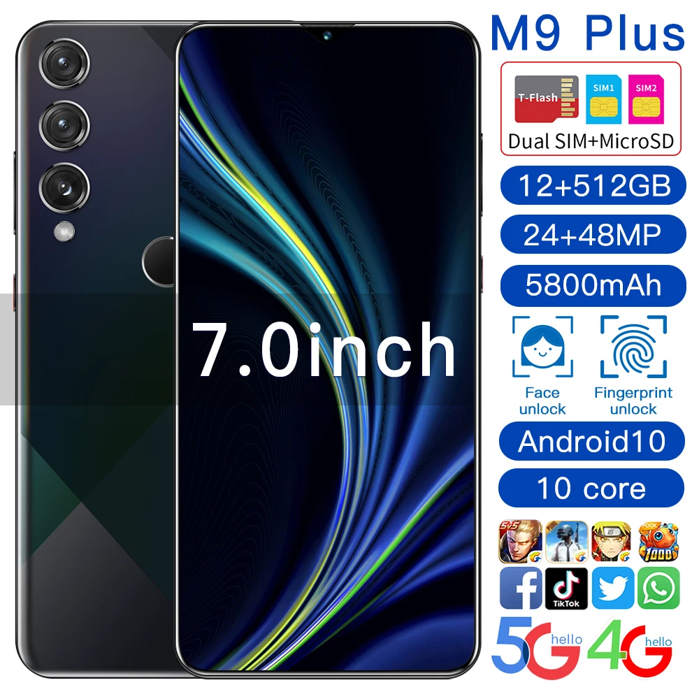 

M9 Plus Mobile Phone 12GB+512GB 7 Inch Android10 MTK6889 5G LET Smartphones 10-Core 5800mAh Battery Dual SIM Cheap Cellphones