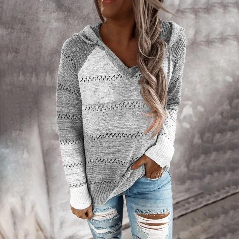 

Patchwork Hooded Woman Sweaters Long Sleeve V-neck Knitted Sweater Striped Pullover Jumpers Female Hoodies 2020