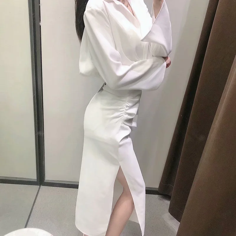 

Za Women 2021 Chic Fashion Solid Color Draped Slit Hem Midi Skirt Vintage High Waist Back Elastic Female Skirts Mujer