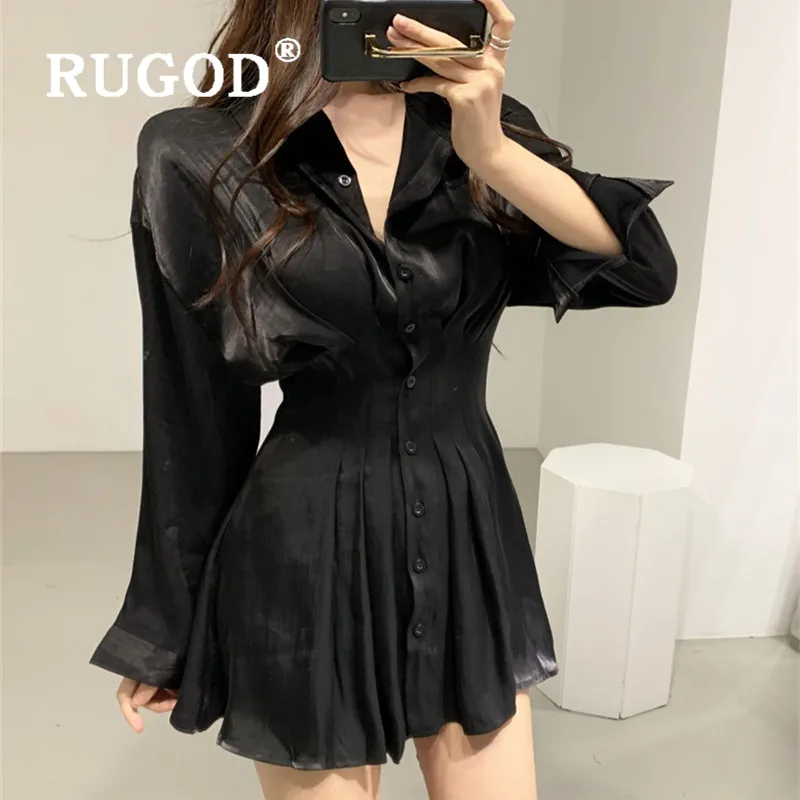 RUGOD Korean chic Floodlight women dress Elegant turn-down collat slim office ladies mini party Casual solid tunic dresses | Женская