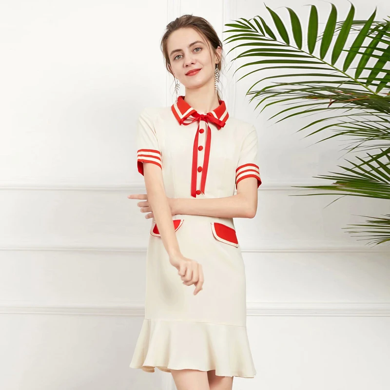 

2021 Women'S Dress Red Lapel Patchwork Short Sleeve Fashion Party Casual Elegant Chic Summer New Style Mermaid Dress