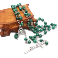 deep green catholic unisex fashion women gift men cross pendant malachite rosary necklace round natural stone