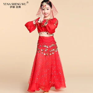 Костюм для танца живота для девочек; Комплект из 2 предметов; Детская индийская танцевальная одежда для выступлений; Топ для танца живота; Юбка; Танцевальный костюм для соревнований в египетском стиле