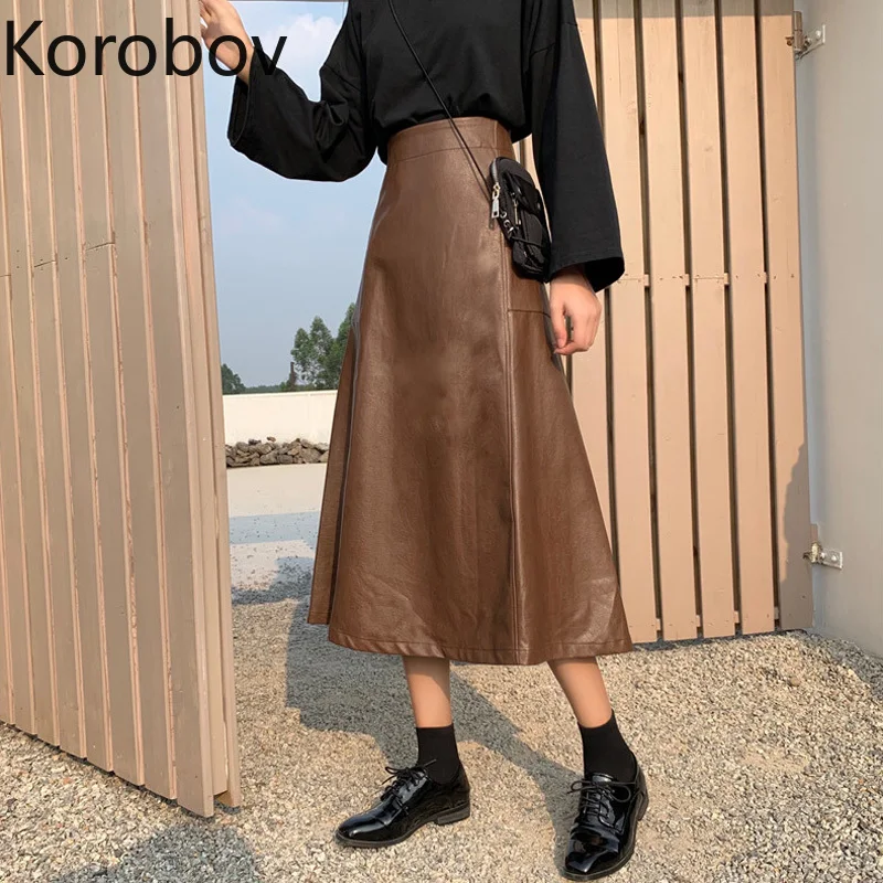 Korobov Весенние новые женские юбки из искусственной кожи трапециевидные средней