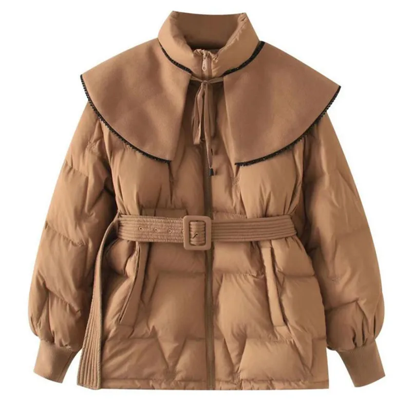 

Ladies Fashion Winter 2021 New Fashion Shawl Down Jacket Women White Duck Down Slim Waist Belt Parkas Outwear s1864