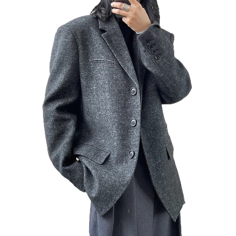 

Зима 2021, женская одежда, повседневное шерстяное пальто с длинным рукавом, серые блейзеры, женский костюм