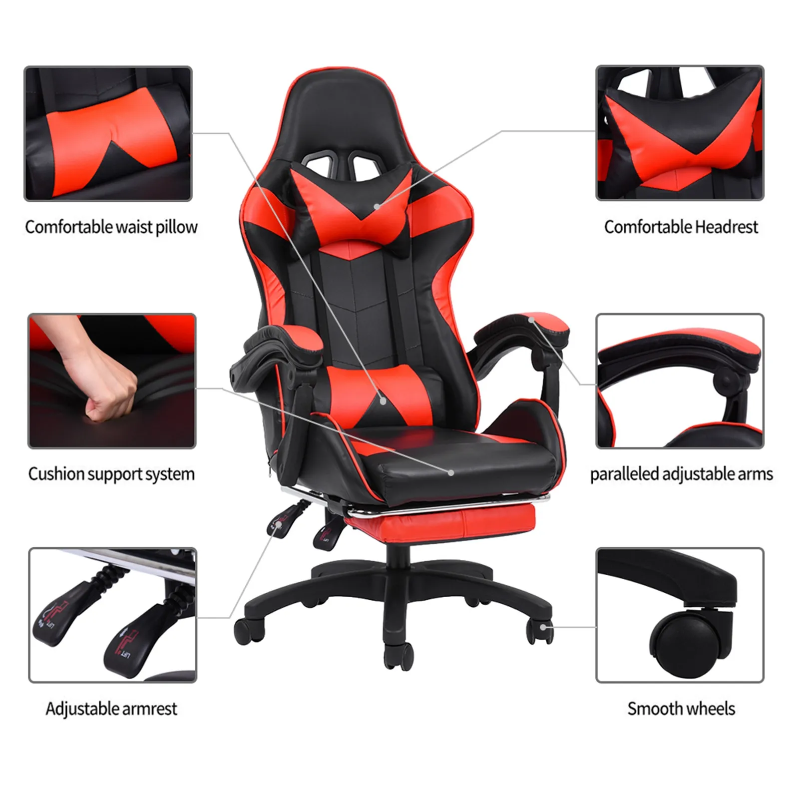 

Ergonomic Gaming Chair Footrest Headrest and Lumbar Support Reclining Leather Executive Swivel Chair High Back Computer Chair