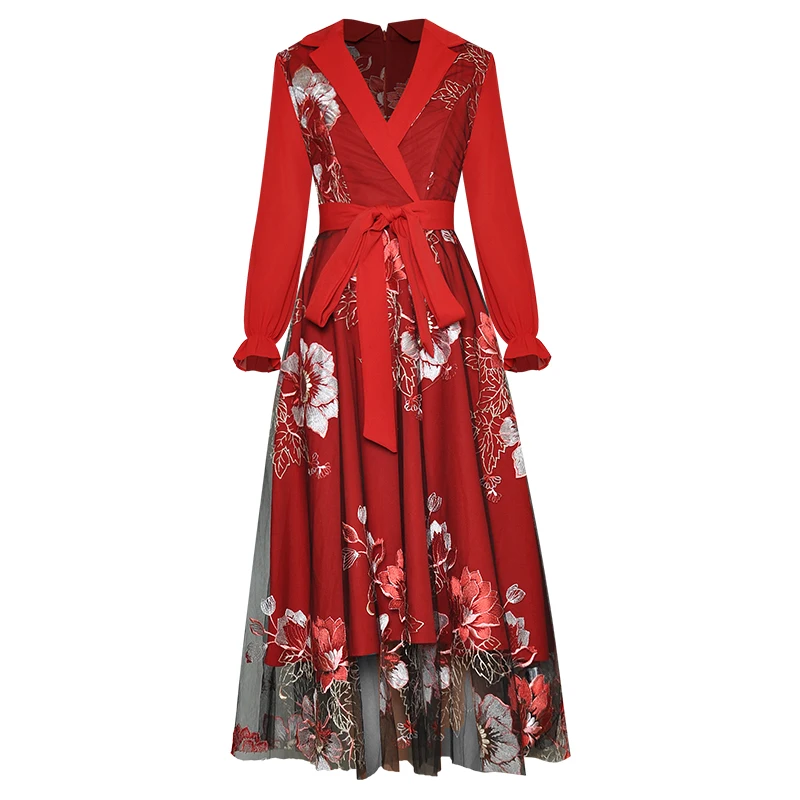 

Designer High Quality Autumn Women's Fashion Party Casual Sexy Nightclub Vintage Elegant Chic gentlewoman Red Embroidery Dress