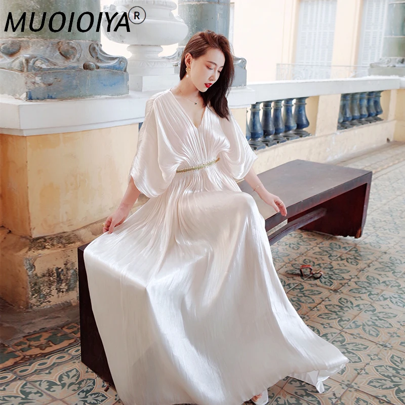 

High Quality V-Neck Pleated Long Maxi Silk Satin Dress Women Luxury Elegant A-line Vacation Holidays Spring Summer Lady Dresses