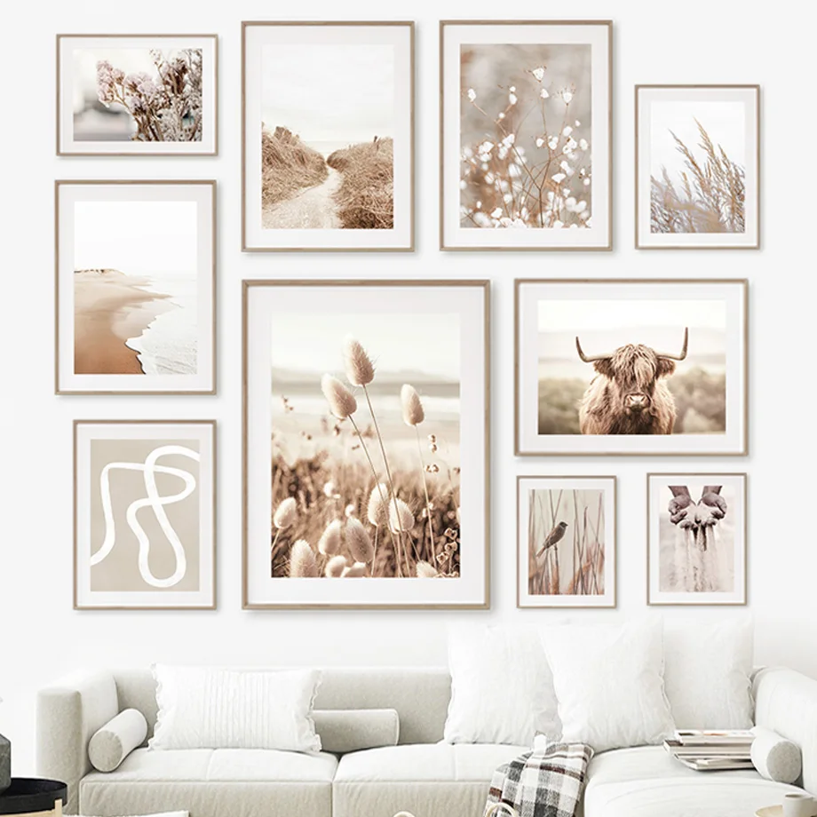 Пляжная трава тростник птица гора корова Картина на холсте скандинавские