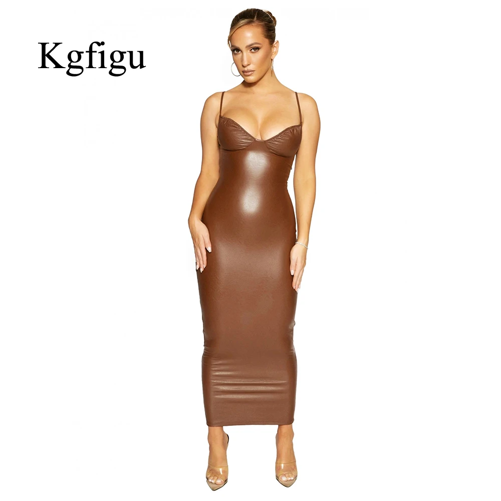 

KGFIGU PU Dresses For Women 2021 Summer Ladies Sleeveless Chest Wrap Tight Sexy Dress Elegant Leather Maxi Dress