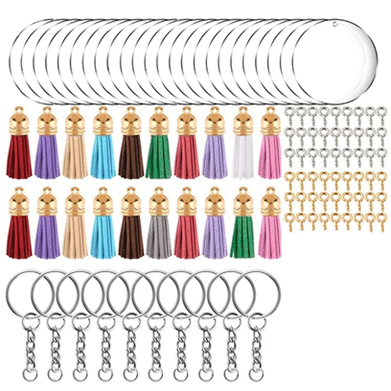 

200 шт. набор заготовок для брелоков из акрила с кольцами для ключей круглые прозрачные диски