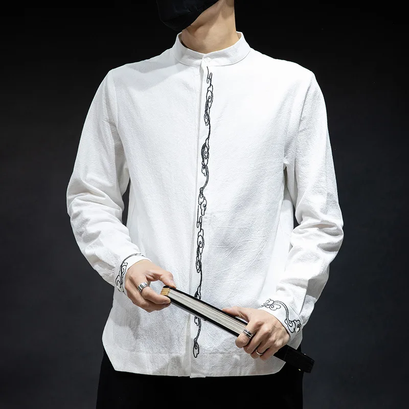 Традиционная китайская одежда для мужчин из хлопка и льна с длинным рукавом