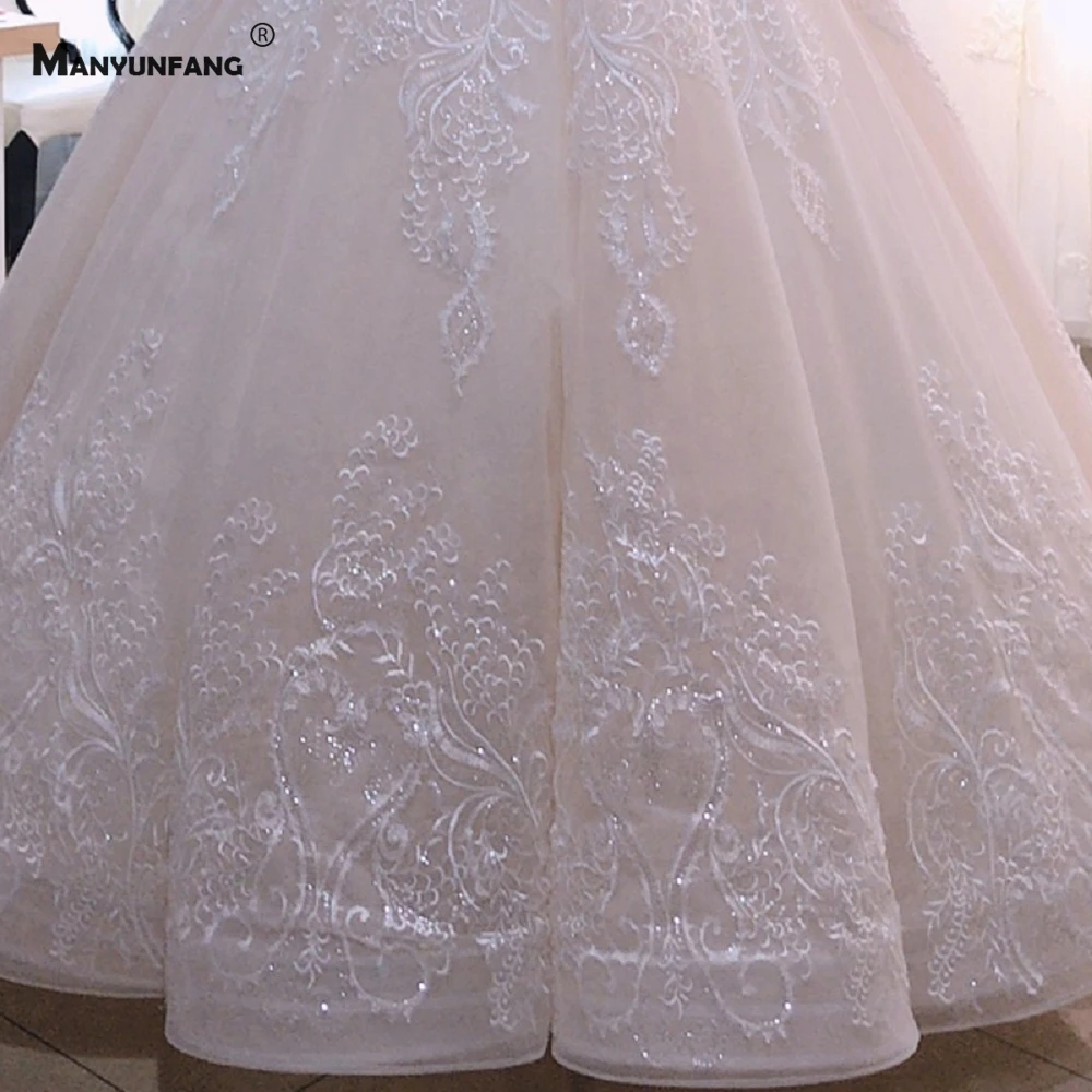 

High-End Embroidery Appliques Tulle Crystal Full Seeve Wedding Dress Luxury O-Neck Sequins Sweep Train Lace Up Bridal Ball Gown