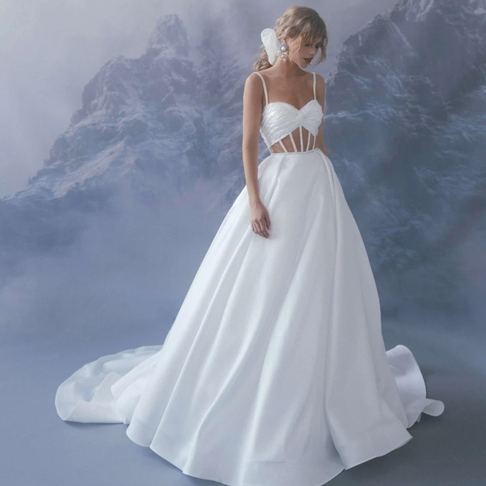 

Elegant Satin Wedding Dresses 2021 Sweetheart Spaghetti Straps Wedding Party Gowns Elegant A-Line Bridal Dress robe de mariée