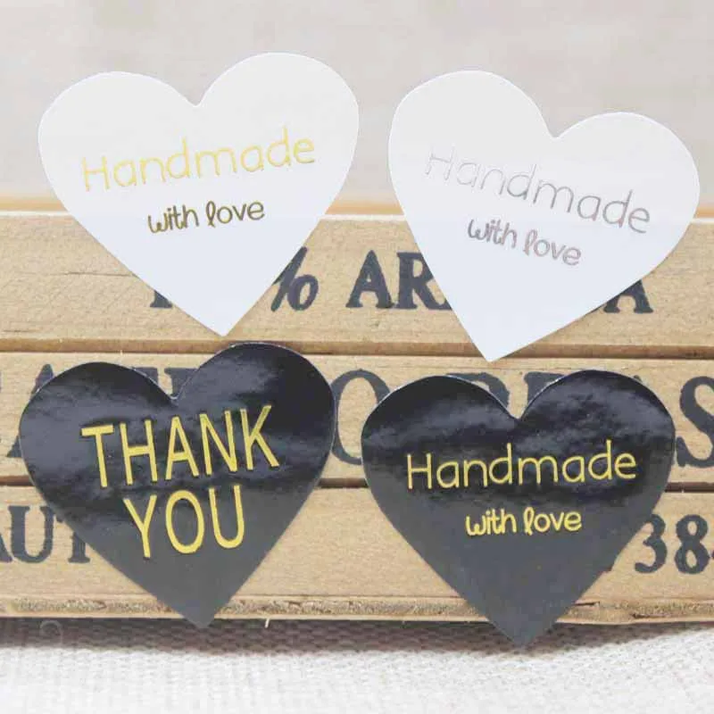 300PCS black handmade labels gold foil silver thank you self adhesive DIY heart shape bakery/cookies/gift tag | Дом и сад