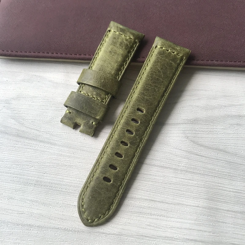 Top Quality 24mm Grass Green Vintage Retro Italy Genuine Leather Watchband Replace For Panerai Watch Strap PAM Bracelet